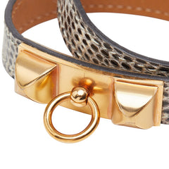 エルメス リヴァル コリエドシアン ドゥブルトゥール ブレスレット 2連 ブラウン ホワイト リザード レディース HERMES 【中古】