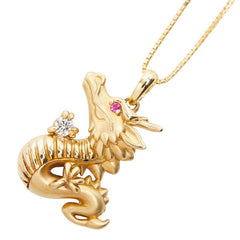 K18YG イエローゴールド ダイヤ0.05ct ルビー0.008ct ドラゴンモチーフ ペンダント ネックレス レディース 【中古】