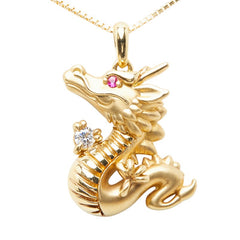 K18YG イエローゴールド ダイヤ0.05ct ルビー0.008ct ドラゴンモチーフ ペンダント ネックレス レディース 【中古】