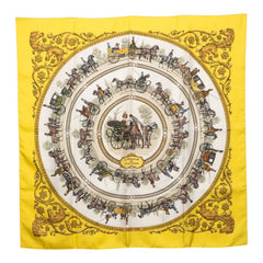 エルメス カレ90 La Promenade de Longchamps ロンシャンへの散歩 スカーフ イエロー マルチカラー シルク レディース HERMES 【中古】