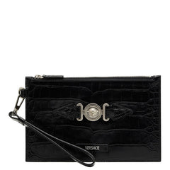 ヴェルサーチェ メドゥーサ ビギー クロコ型押し ロゴ クラッチバッグ ブラック レザー メンズ VERSACE 【中古】