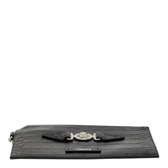 ヴェルサーチェ メドゥーサ ビギー クロコ型押し ロゴ クラッチバッグ ブラック レザー メンズ VERSACE 【中古】