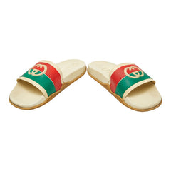 グッチ インターロッキングG - スライドサンダル シャワーサンダル 655461 ベージュ グリーン レッド ラバー メンズ GUCCI 【中古】