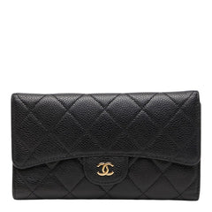 シャネル マトラッセ ココマーク 三つ折り財布 長財布 ブラック キャビアスキン レディース CHANEL 【中古】