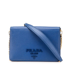 プラダ チェーン ショルダーウォレット バッグ 1BP012 ブルー サフィアーノレザー レディース PRADA 【中古】