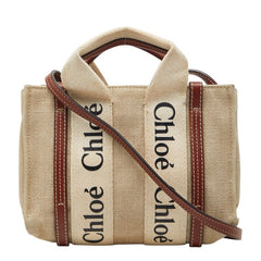 クロエ ウッディ ミニ ハンドバッグ ショルダーバッグ ベージュ ブラウン キャンバス レザー レディース Chloe 【中古】