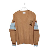 Ami Paris アミ パリス Vネック リブ ニットセーター サイズ M ベージュ ブルー コットン ウール レディース 【中古】
