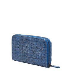 ボッテガヴェネタ イントレチャート ラウンドファスナー 長財布 ブルー パイソン メンズ BOTTEGAVENETA 【中古】