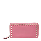 ヴァレンチノ ガラヴァーニ ロックスタッズ ラウンドファスナー 長財布 ピンク レザー メタル レディース Valentino 【中古】