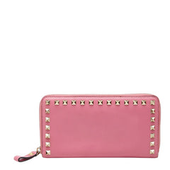 ヴァレンチノ ガラヴァーニ ロックスタッズ ラウンドファスナー 長財布 ピンク レザー メタル レディース Valentino 中古