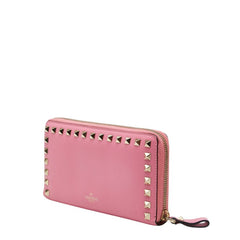 ヴァレンチノ ガラヴァーニ ロックスタッズ ラウンドファスナー 長財布 ピンク レザー メタル レディース Valentino 【中古】