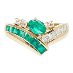 K18YG イエローゴールド エメラルド0.36ct ダイヤ0.27ct ダイヤ0.075ct エメラルド0.52ct V字リング リング 指輪 レディース 12.5号 【中古】