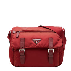 プラダ 三角ロゴプレート 斜め掛け ショルダーバッグ レッド ナイロン レザー レディース PRADA 【中古】