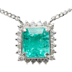 Pt850 プラチナ エメラルド1.10ct ダイヤ0.14ct フラワーモチーフ ペンダント ネックレス レディース 【中古】