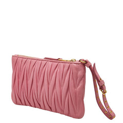 ミュウミュウ マテラッセ ロゴ ギャザー ポーチ クラッチバッグ ピンク レザー レディース MIUMIU 【中古】