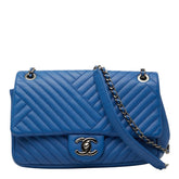 シャネル シェブロン Vステッチ ココマーク ショルダーバッグ ブルー レザー レディース CHANEL 【中古】