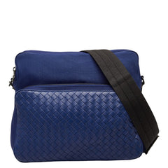 ボッテガヴェネタ イントレチャート ショルダーバッグ メッセンジャーバッグ ブルー キャンバス レザー レディース BOTTEGAVENETA 【中古】