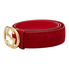 グッチ インターロッキングG ベルト サイズ:85/34 037 01/13 1510 レッド スウェード レザー メンズ GUCCI 【中古】