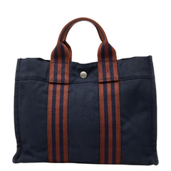 エルメス フールトゥPM ミニ トートバッグ ハンドバッグ ネイビー ブラウン キャンバス レディース HERMES 【中古】