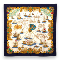 エルメス カレ90 VOILES DE LUMIERE 光の帆船 スカーフ 大判 ネイビー マルチカラー シルク レディース HERMES 【中古】