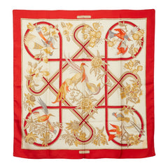 エルメス カレ90 Caraibes カリブ鳥 スカーフ 大判 レッド アイボリー シルク レディース HERMES 【中古】