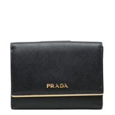プラダ ロゴ 三つ折り財布 フラップウォレット ブラック サフィアーノレザー レディース PRADA 【中古】