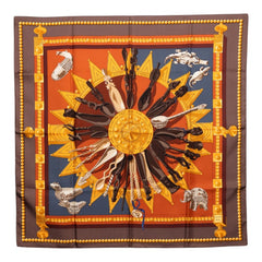 エルメス カレ90 CUILLERS D'AFRIQUE アフリカのスプーン スカーフ ブラウン マルチカラー シルク レディース HERMES 【中古】