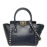ヴァレンティノ ロックスタッズ ハンドバッグ 2WAY ショルダーバッグ ネイビー ゴールド レザー レディース VALENTINO 【中古】