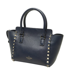 ヴァレンティノ ロックスタッズ ハンドバッグ 2WAY ショルダーバッグ ネイビー ゴールド レザー レディース VALENTINO 【中古】
