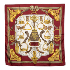 エルメス カレ90 ETRIERS 鎧 馬具 スカーフ レッド ホワイド マルチカーラ シルク レディース HERMES 【中古】