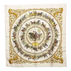 エルメス カレ90 LA PROMENADE DE LONGCHAMPS ロンシャンヘの散歩 スカーフ 大判 アイボリー系 マルチカラー シルク レディース HERMES 【中古】
