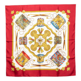 エルメス カレ90 LES TAMBOURS 太鼓 スカーフ レッド マルチカラー シルク レディース HERMES 【中古】