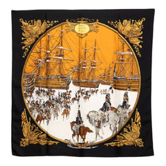 エルメス カレ90 MARINE ET CAVALERIE 海と騎兵隊 スカーフ ブラック シルク レディース HERMES 【中古】