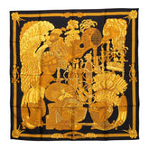 エルメス カレ90 ARMETS en PANACHE 羽飾りの兜 スカーフ ブラック イエロー系 シルク レディース HERMES 【中古】