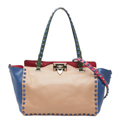 ヴァレンティノ ロックスタッズ トートバッグ ショルダーバッグ 2WAY ベージュ ブルー レザー レディース VALENTINO 【中古】