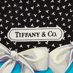 ティファニー T リボン柄 スカーフ 大判 ブルー系 ブラック シルク レディース TIFFANY&Co. 【中古】