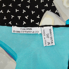 ティファニー T リボン柄 スカーフ 大判 ブルー系 ブラック シルク レディース TIFFANY&Co. 【中古】