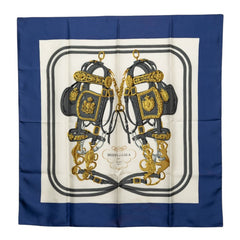 エルメス カレ90 BRIDES de GALA 式典用馬勒 スカーフ ブルー ホワイト シルク レディース HERMES 【中古】