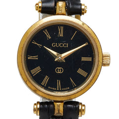 グッチ 腕時計 ベルト社外品 クオーツ ブラック文字盤 メッキ レザー レディース GUCCI 【中古】