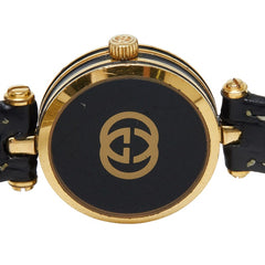 グッチ 腕時計 ベルト社外品 クオーツ ブラック文字盤 メッキ レザー レディース GUCCI 【中古】
