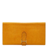 エルメス ベアン クラシック 二つ折り 長財布 イエロー ゴールド金具 リザード レディース HERMES 【中古】