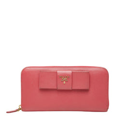 プラダ ロゴ リボン ラウンドファスナー 長財布 1ML506 ピンク サフィアーノレザー レディース PRADA 【中古】