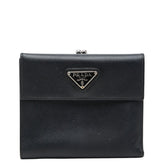 プラダ 三角ロゴプレート サフィアーノ がま口 ニつ折り財布 ブラック レザー レディース PRADA 【中古】