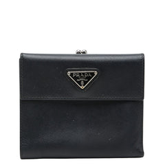 プラダ 三角ロゴプレート サフィアーノ がま口 ニつ折り財布 ブラック レザー レディース PRADA 【中古】