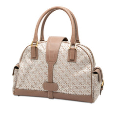 ロエベ リピートアナグラム ハンドバッグ ピンクベージュ ホワイト キャンバス レザー レディース LOEWE 【中古】