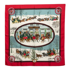 エルメス カレ90 冬の郵便馬車 L'Hiver en Poste スカーフ レッド マルチカラー シルク レディース HERMES 【中古】