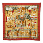 エルメス カレ90 Un siecle de courses Deauville ドーヴィル競馬の時代 スカーフ ブラウン系 マルチカラー シルク レディース HERMES 【中古】