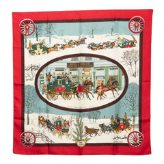 エルメス カレ90 冬の郵便馬車 L'Hiver en Poste スカーフ レッド マルチカラー シルク レディース HERMES 【中古】