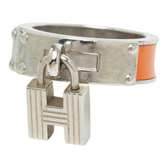エルメス ケリー カデナ モチーフ スカーフリング シルバー オレンジ メタル レザー レディース HERMES 【中古】