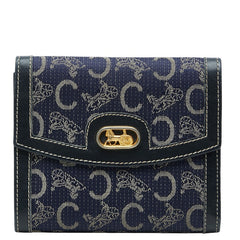 セリーヌ Cサルキー 二つ折り財布 ネイビー キャンバス レザー レディース CELINE 【中古】